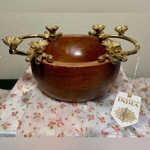 Handcrafted Indian Wooden Bowl with Gold Floral Handles